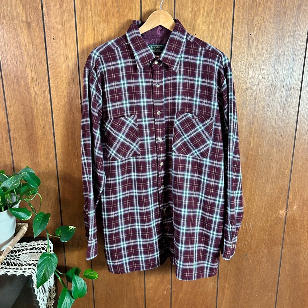 Scandia Woods Mens Wool Long‎ Sleeve Plaid Flannel Burgundy White Tan Pocket